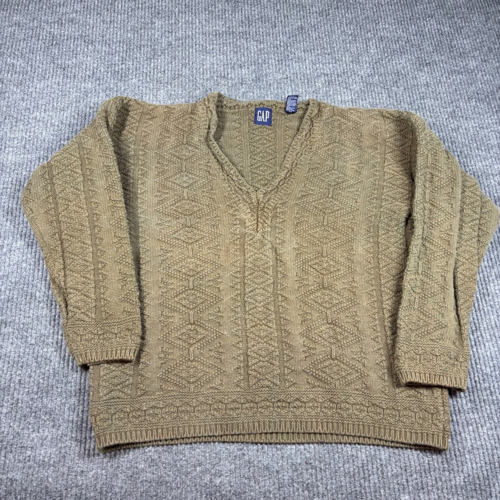 Vintage GAP Sweater Mens L Large Vintage Olive Green Cable Knit V-Neck Ramie